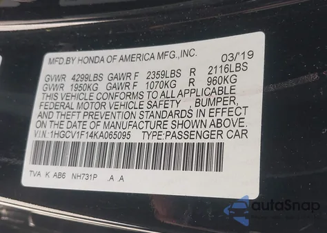2019 Honda Accord Lx from USA, damaged, VIN 1HGCV1F14KA065095